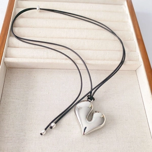 Heart Pendant Necklace Copper Polished Large 3D Love Long Black Rope Cord Sweater Chain Minimalist Style For Women