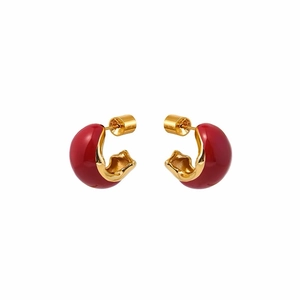Rote Emaille C-Form Stecker Ohrringe Mit 925 Sterling Silber Ohrstecker Vergoldetes Messing Vintage Elegant Für Damen