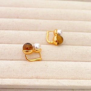 Elegant Hoop Earrings Gold Plated Copper With Tiger Eye Stone And Artificial Pearl Minimalist Geometric Jewelry For Women Fashion