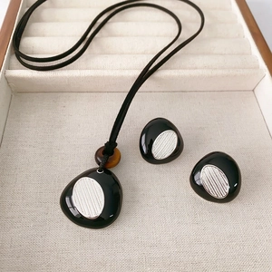 Irregular Pebble Black Enamel Silver Texture Necklace And Earrings Jewelry With 925 Sterling Silver Earring Post Women