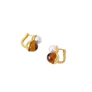 Elegant gold-plated hoop earrings featuring a white pearl and brown tiger eye bead dangle