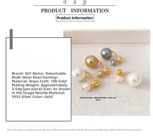 Detail view of pearl earrings with measurements, 12mm and 6mm diameter, 18K gold plated