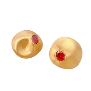 French vintage matte gold stud earrings with brushed texture and red oval stones
