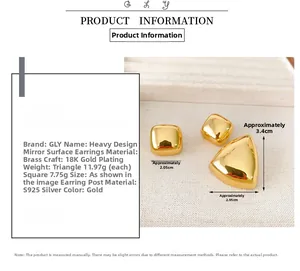 Detailed view of geometric 18K gold plated triangular and square stud earrings with size specs