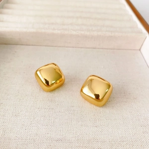 Polished 18k gold plated square cushion stud earrings on elegant velvet display box