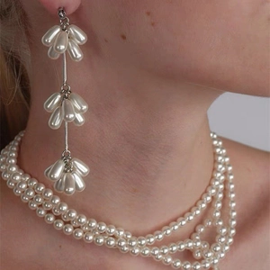Collier Künstliche Perles Et Boucles D'oreilles À Pompon Pendentif Fleur Laiton Plaqué Or 18K Argent 925 Élégant Vintage Style