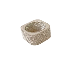 Minimalist square silver ring with industrial woven mesh texture on white background