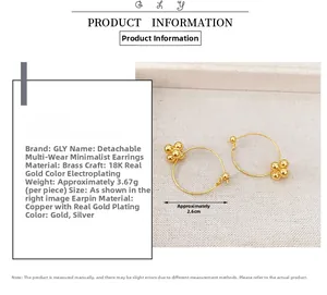 Detail view of 18K gold plated brass detachable earrings with 2.6cm diameter size