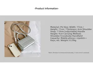 Detail view of silver quilted PU leather crossbody bag with dimensions 17x11x6cm