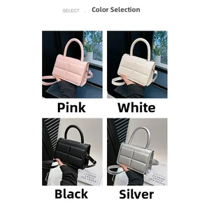 Quilted small square handbags shown in pink, white, black, and silver color options
