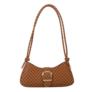 Sac sous le bras vintage marron avec monogramme, boucle dorée et nœud décoratif