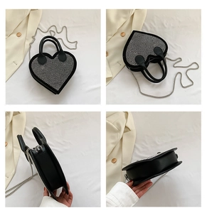 Detailed multi-angle views of black heart-shaped handbag with sparkling silver rhinestones