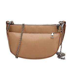 Chic khaki semi-circle saddle bag with silver chain strap and dual zipper pockets