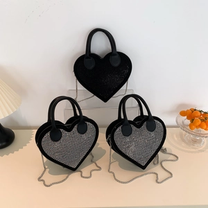 Heart-Shaped Handbag Women Rhinestone Rivet Chain Crossbody Bag PU Leather Sparkling Party Fashion Tote