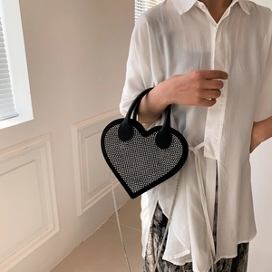 Sparkling heart-shaped crossbody bag with silver rhinestones and chain strap for women