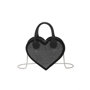 Sparkling heart shaped handbag in black with silver rhinestones and chain strap