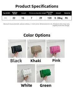 Size chart showing dimensions and colors of a quilted chain shoulder bag in PU leather