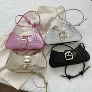 Sac Sous le Bras Mode Femme Cuir Verni Métallique Pied-de-Poule Étoile Gaufré Sac Baguette Avec Boucle Dorée Pour Fête Quotidien
