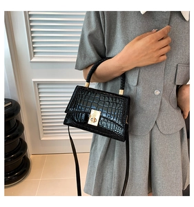 Detail of crocodile embossed handbag with gold eagle head lock and woven handle
