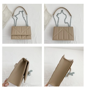Detailed views of a beige chain crossbody bag showing various angles and interior flap
