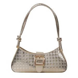 Sac baguette doré métallisé à motif pied-de-poule avec bandoulière à nœud décoratif