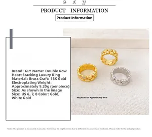 Detailed chart showing 18K gold plated brass ring specs for sizes 6, 7 and 8