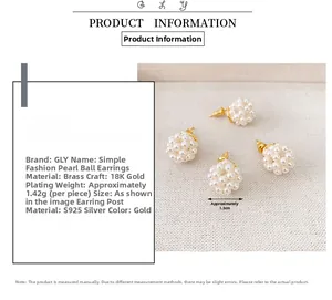 Macro detail of hand-woven pearl ball earrings with S925 silver needles and brass base