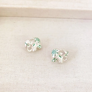 Vintage French style silver elephant stud earrings with green enamel and spiral patterns