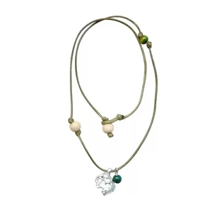 Vintage woven necklace with silver elephant pendant and green beads on army green cord
