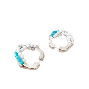 Retro C-shape hoop earrings with turquoise and white marble beads on silver metal frames