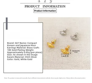 Detail view of gold and silver croissant stud earrings with dimensions and material specs