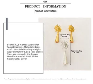 Detailed view of sunflower tassel earrings with 18K gold plating and S925 silver pins