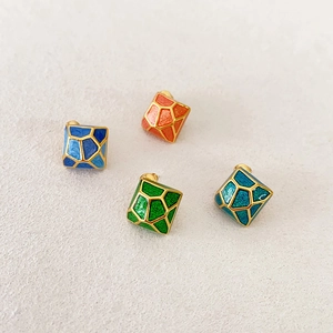 Geometric Square Stud Earrings Enamel Colorful Grid Copper Jewelry With 925 Sterling Silver Earring Post For Women