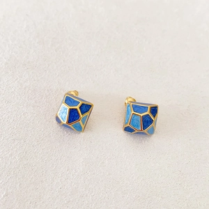 Modern geometric square stud earrings with colorful blue enamel and gold finish