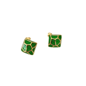 Minimalist green enamel geometric stud earrings with gold outline and 925 silver needles