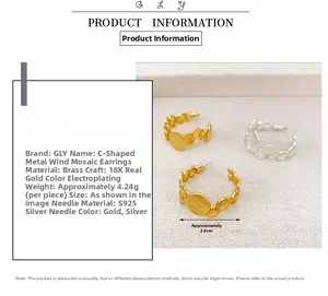 Detail showing C-shaped 18K gold plated brass earrings with S925 silver needles