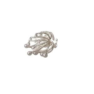 Adjustable silver coral ring with radiating branches and delicate white pearls