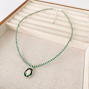 Collier Pendentif Tulipe En Cuivre Avec Chaîne De Perles Vertes Design Fleur Émail Rose Pour Femmes Style Mode Été