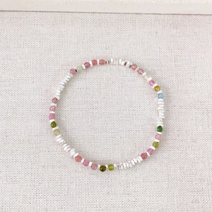 Fashionable beaded bracelet with colorful tourmaline stones and silver hexagon spacers