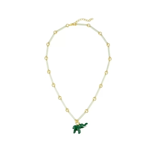 Fashionable summer gold bamboo chain necklace with a green enamel elephant pendant