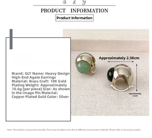 Detailed specs of brass earrings with 18K gold plating and black and green agate inlay