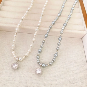 Minimalist pearl necklace with square sugar cube pendant in white and grey options