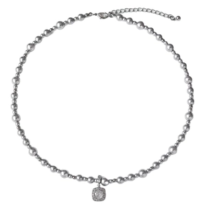 Elegant beaded silver necklace featuring a square pave pendant and gradient metal pearls