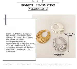 Detail of retro leather cord woven hoop earrings with 18K gold plated brass finish