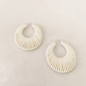 Minimalist handwoven cream leather cord hoop earrings with vintage pleated texture