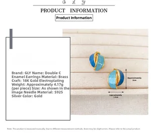 Detail view of 18K gold plated enamel C-shape stud earrings with S925 silver pins