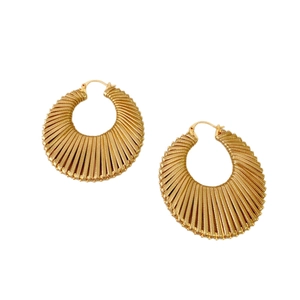 Retro golden fan-shaped hoop earrings with woven metal tube texture for women