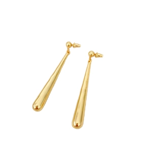 Minimalist gold plated teardrop long earrings with a polished mirror finish and stud back
