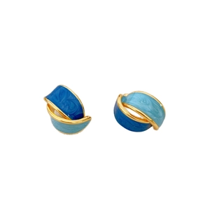 Vintage gold plated twisted enamel earrings in blue marble texture for women