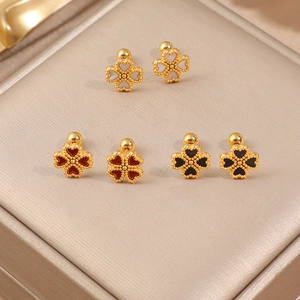 Boucles d'oreilles trèfle élégantes en blanc, rouge et noir avec bords dorés perlés